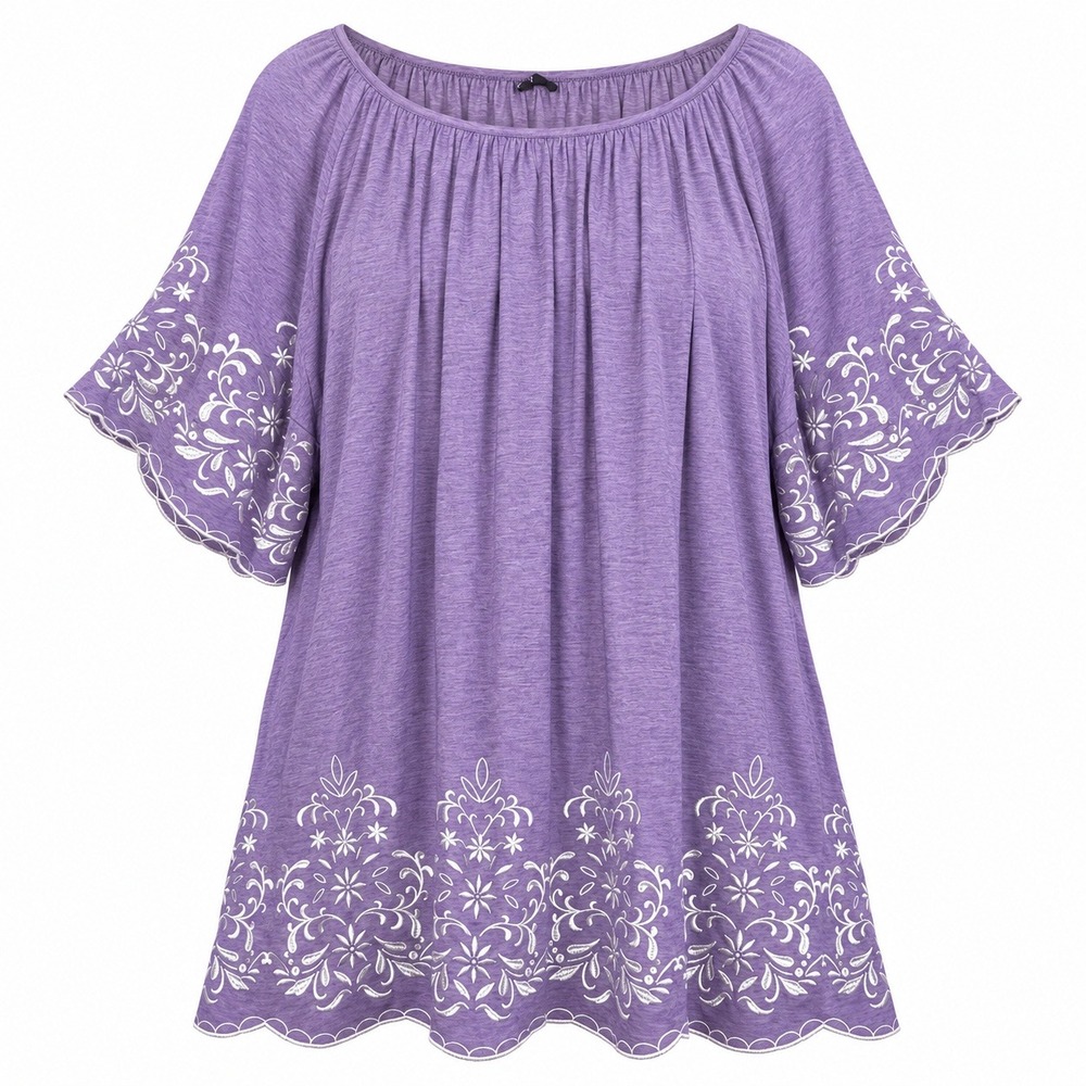 BloomChic 22-24 Purple Embroidered Tunic Top Boho Cottagecore Flutter Sleeve